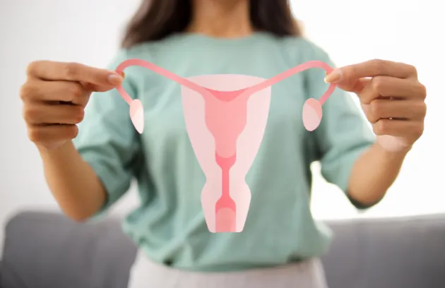 Woman holding a paper cut-out of the uterus and ovaries